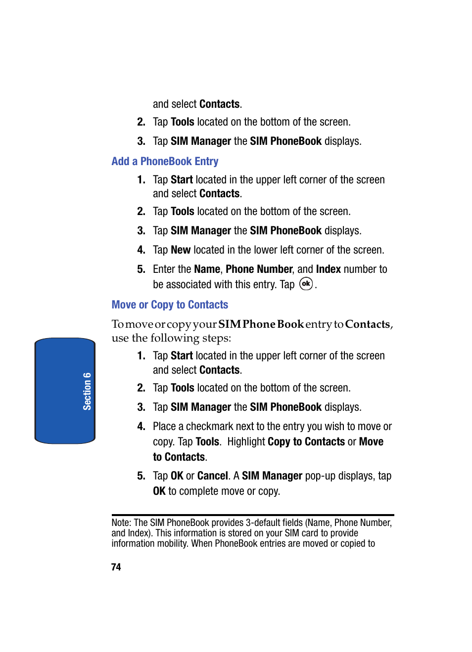 Add a phonebook entry, Move or copy to contacts | Samsung SCH i830 User Manual | Page 74 / 224
