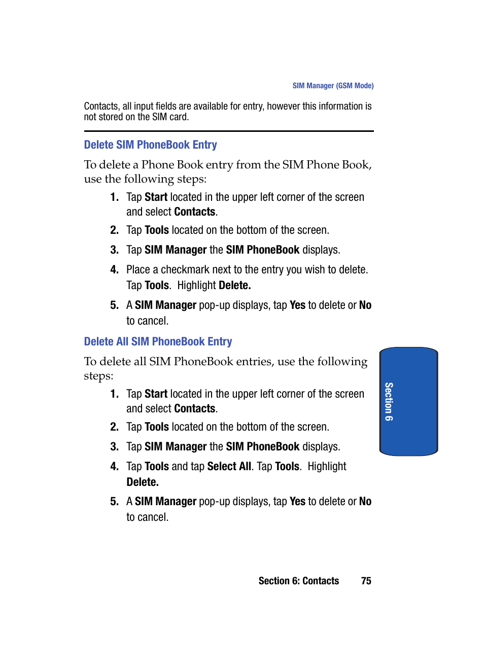 Delete sim phonebook entry, Delete all sim phonebook entry | Samsung SCH i830 User Manual | Page 75 / 224