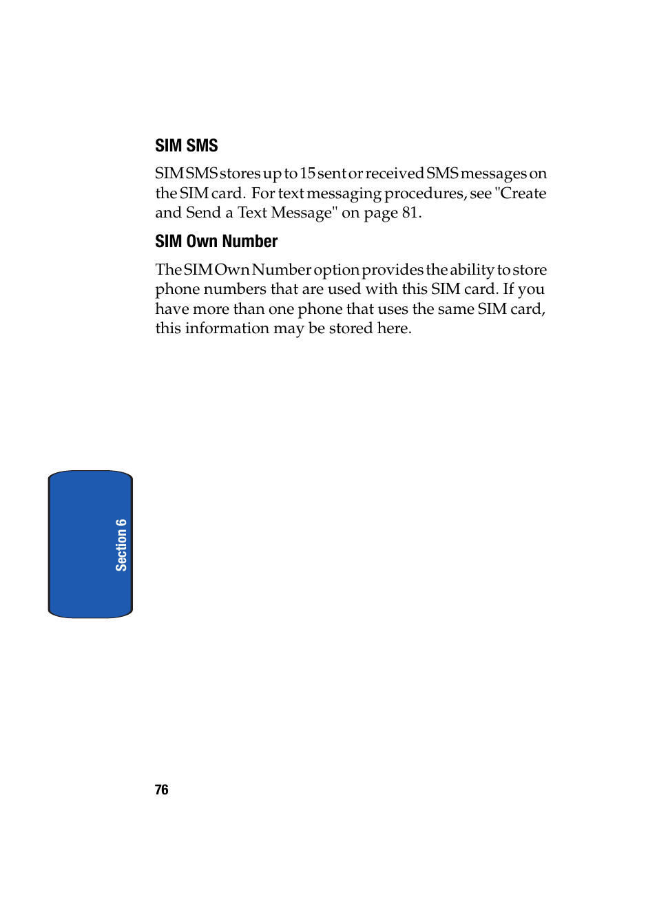 Sim sms, Sim own number | Samsung SCH i830 User Manual | Page 76 / 224