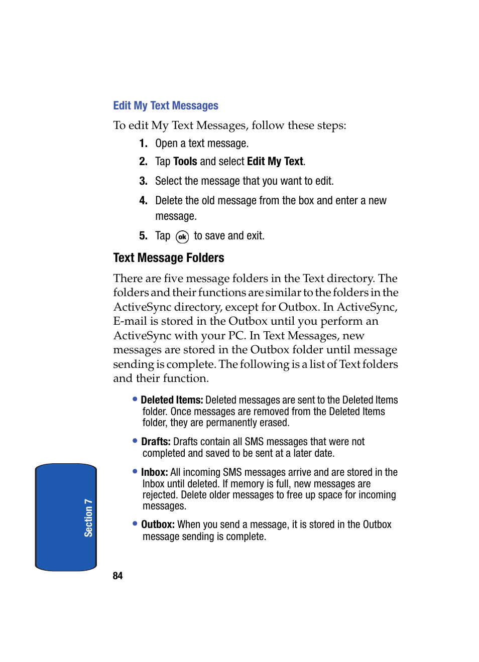 Edit my text messages, Text message folders | Samsung SCH i830 User Manual | Page 84 / 224