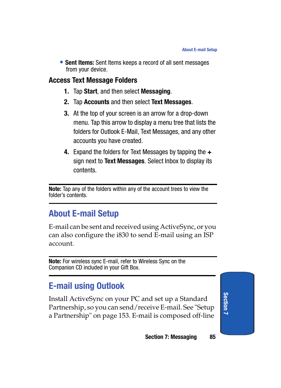 Access text message folders, About e-mail setup, E-mail using outlook | About e-mail setup e-mail using outlook | Samsung SCH i830 User Manual | Page 85 / 224
