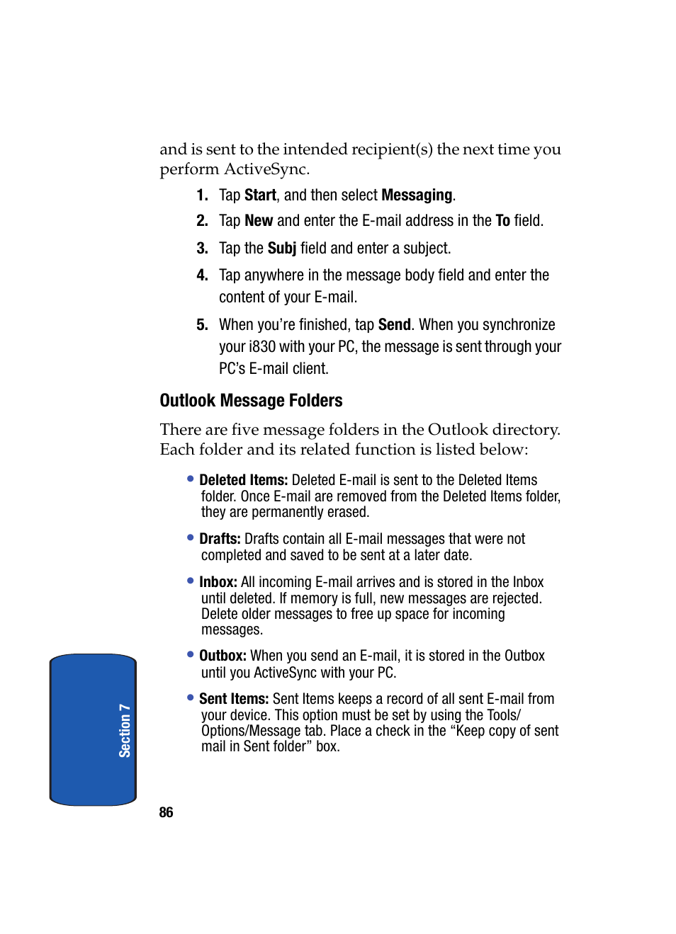 Outlook message folders | Samsung SCH i830 User Manual | Page 86 / 224