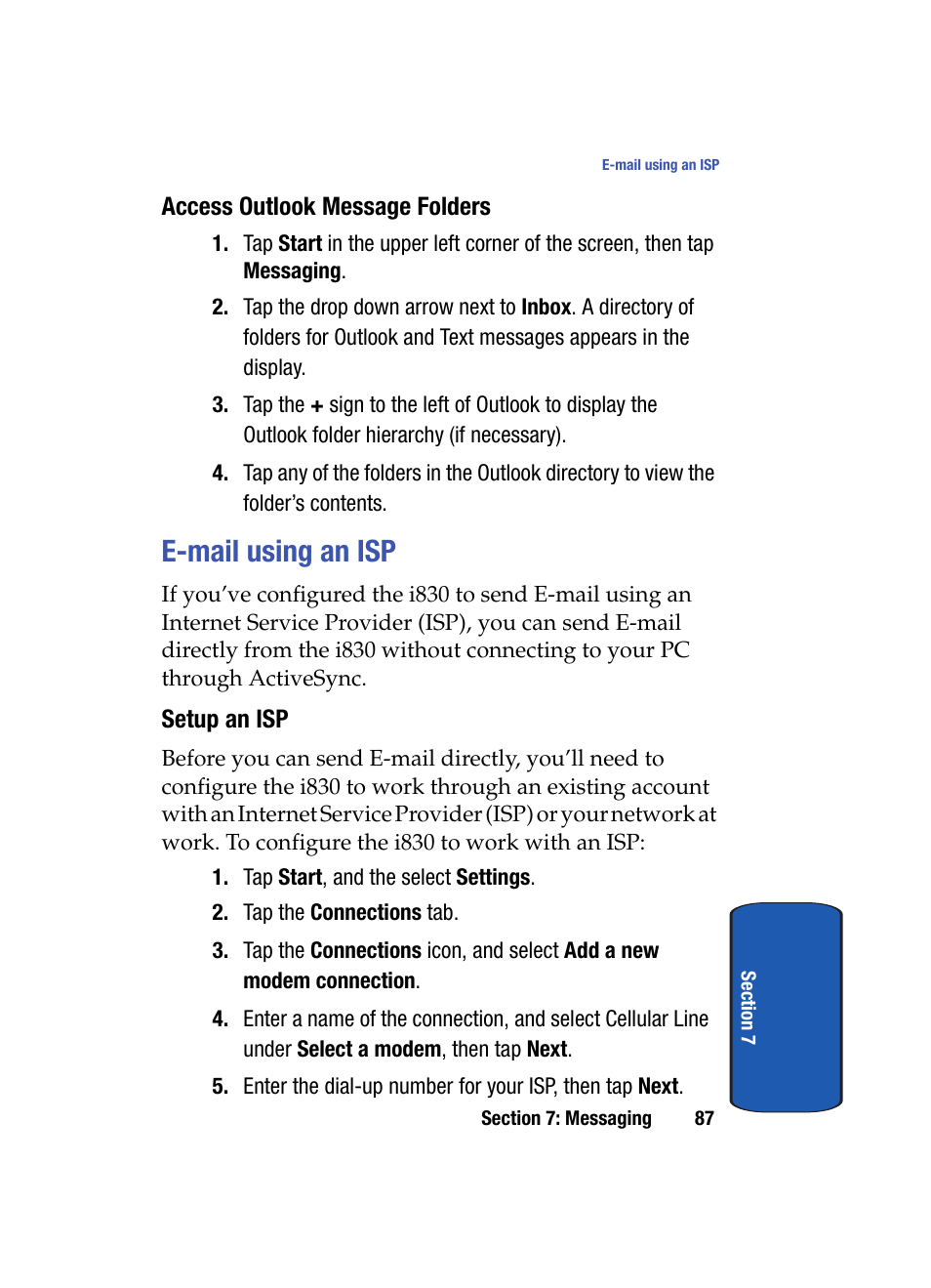 Access outlook message folders, E-mail using an isp, Setup an isp | Samsung SCH i830 User Manual | Page 87 / 224