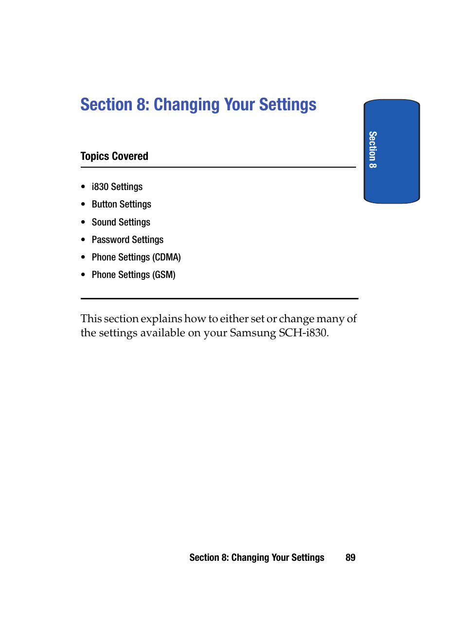 Section 8: changing your settings | Samsung SCH i830 User Manual | Page 89 / 224