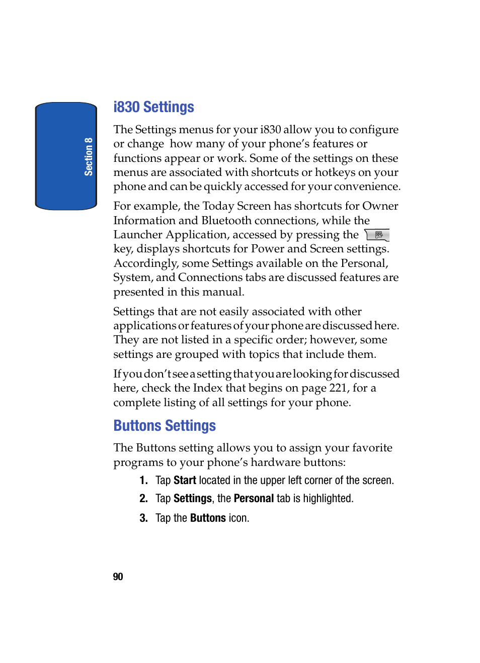 I830 settings, Buttons settings, I830 settings buttons settings | Samsung SCH i830 User Manual | Page 90 / 224