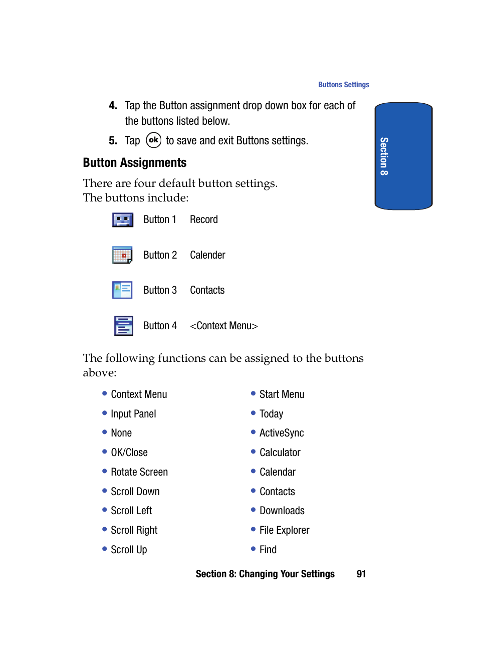 Button assignments | Samsung SCH i830 User Manual | Page 91 / 224