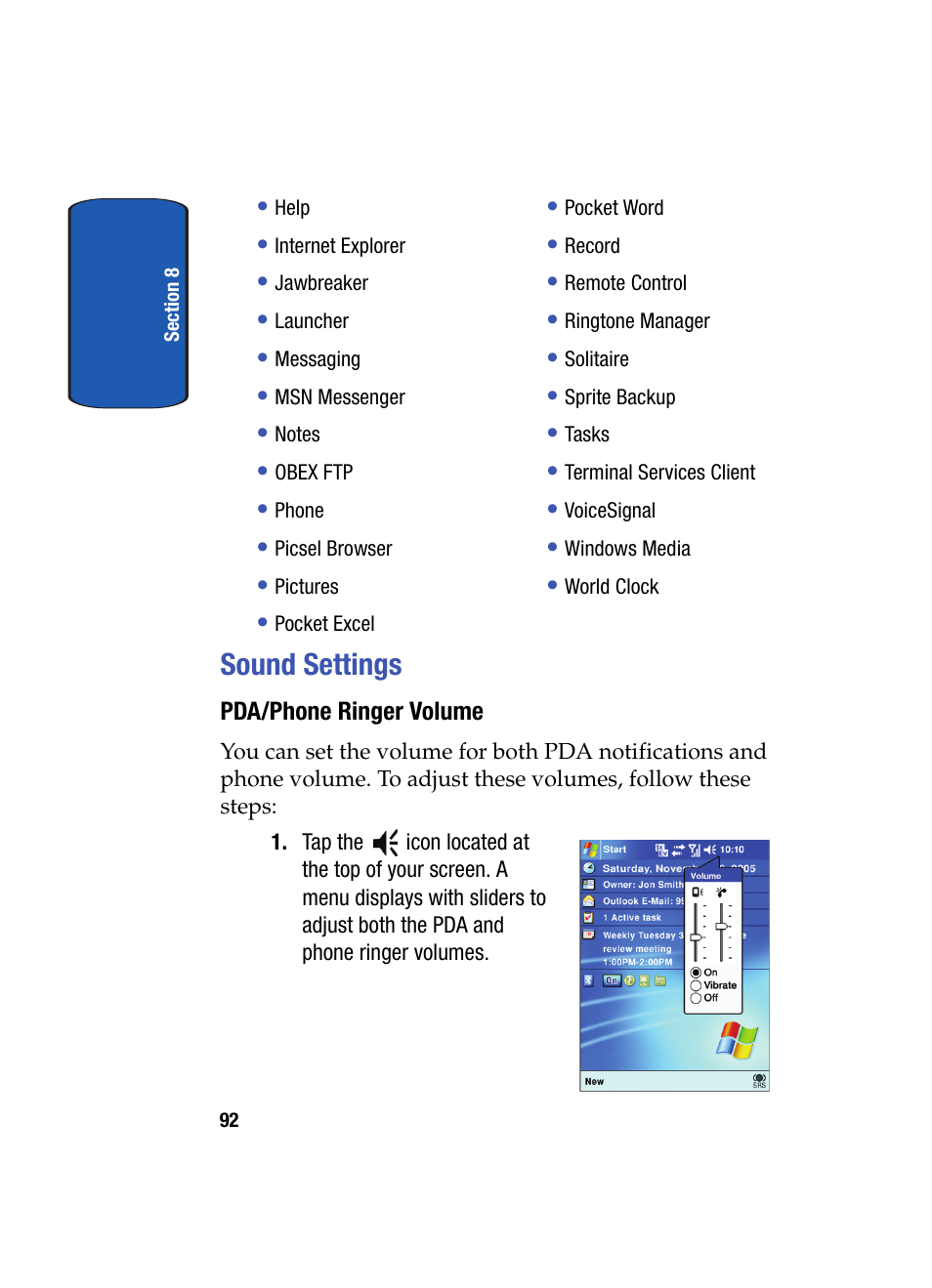 Sound settings, Pda/phone ringer volume | Samsung SCH i830 User Manual | Page 92 / 224