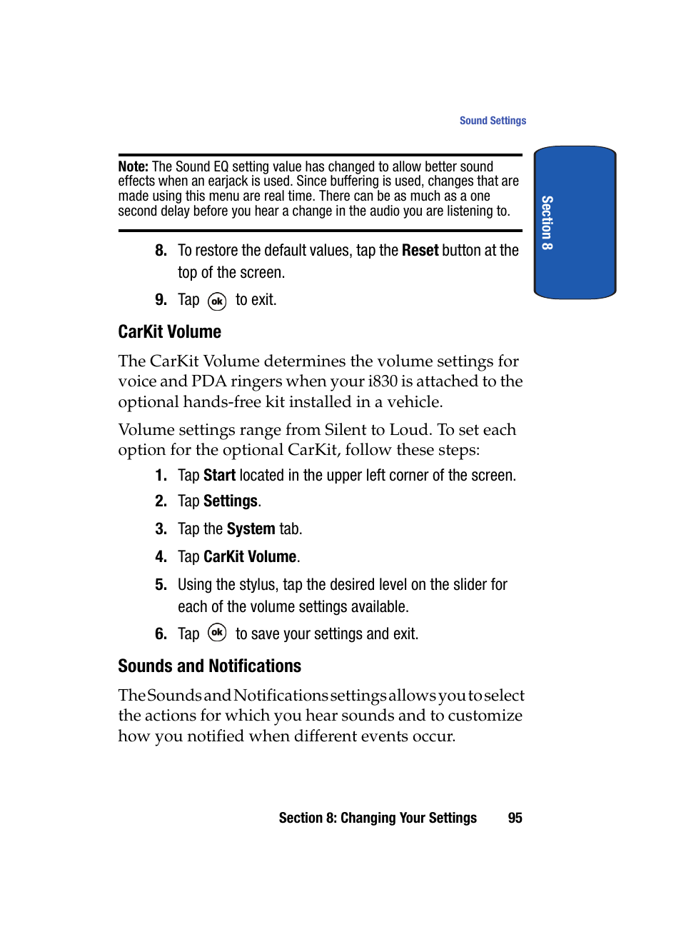 Carkit volume, Sounds and notifications | Samsung SCH i830 User Manual | Page 95 / 224
