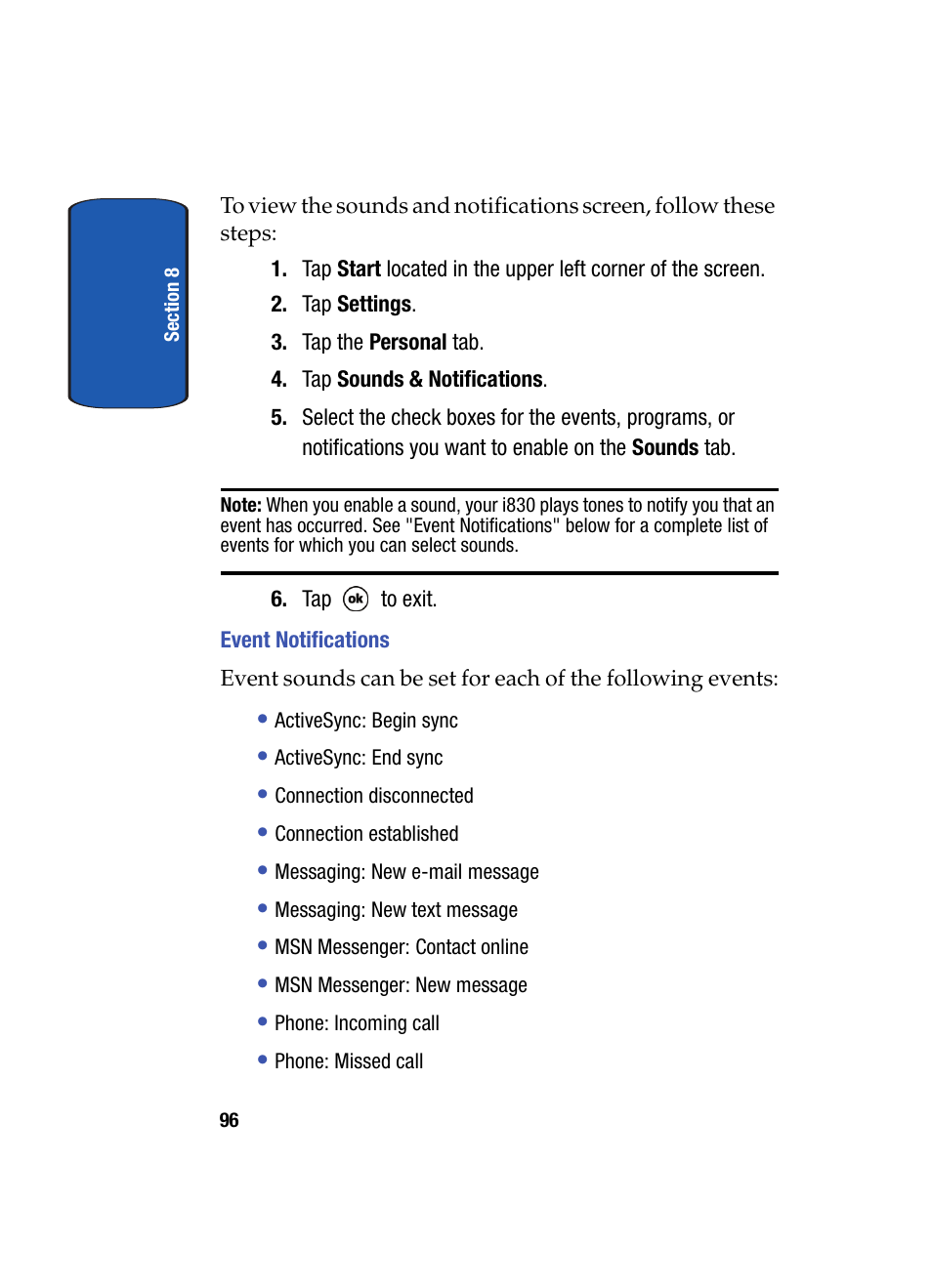 Event notifications | Samsung SCH i830 User Manual | Page 96 / 224