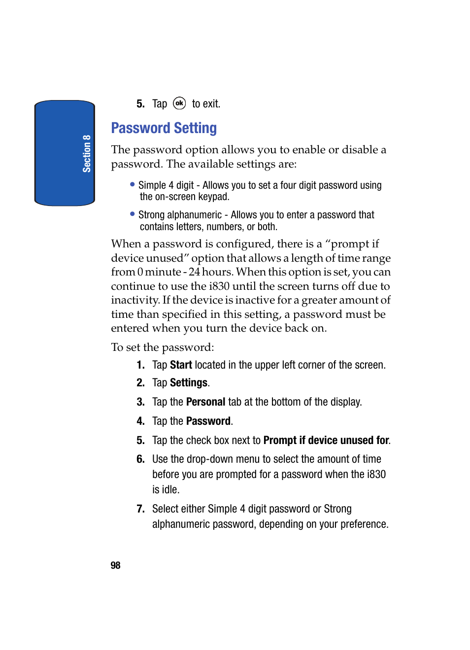 Password setting | Samsung SCH i830 User Manual | Page 98 / 224