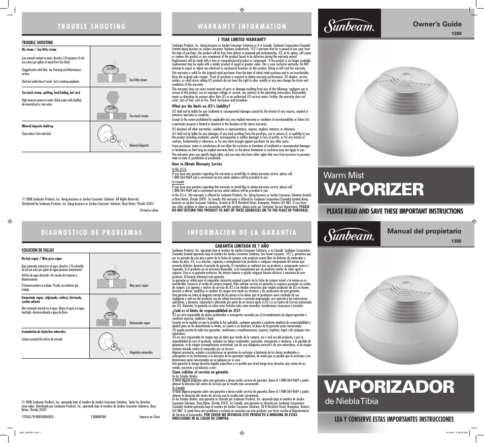 Sunbeam 1388 User Manual | 2 pages