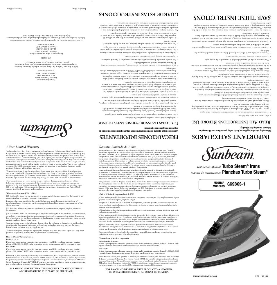 Sunbeam 139548 User Manual | 2 pages