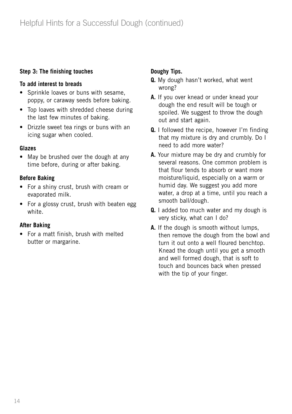 Helpful hints for a successful dough (continued) | Sunbeam MX001 User Manual | Page 16 / 40