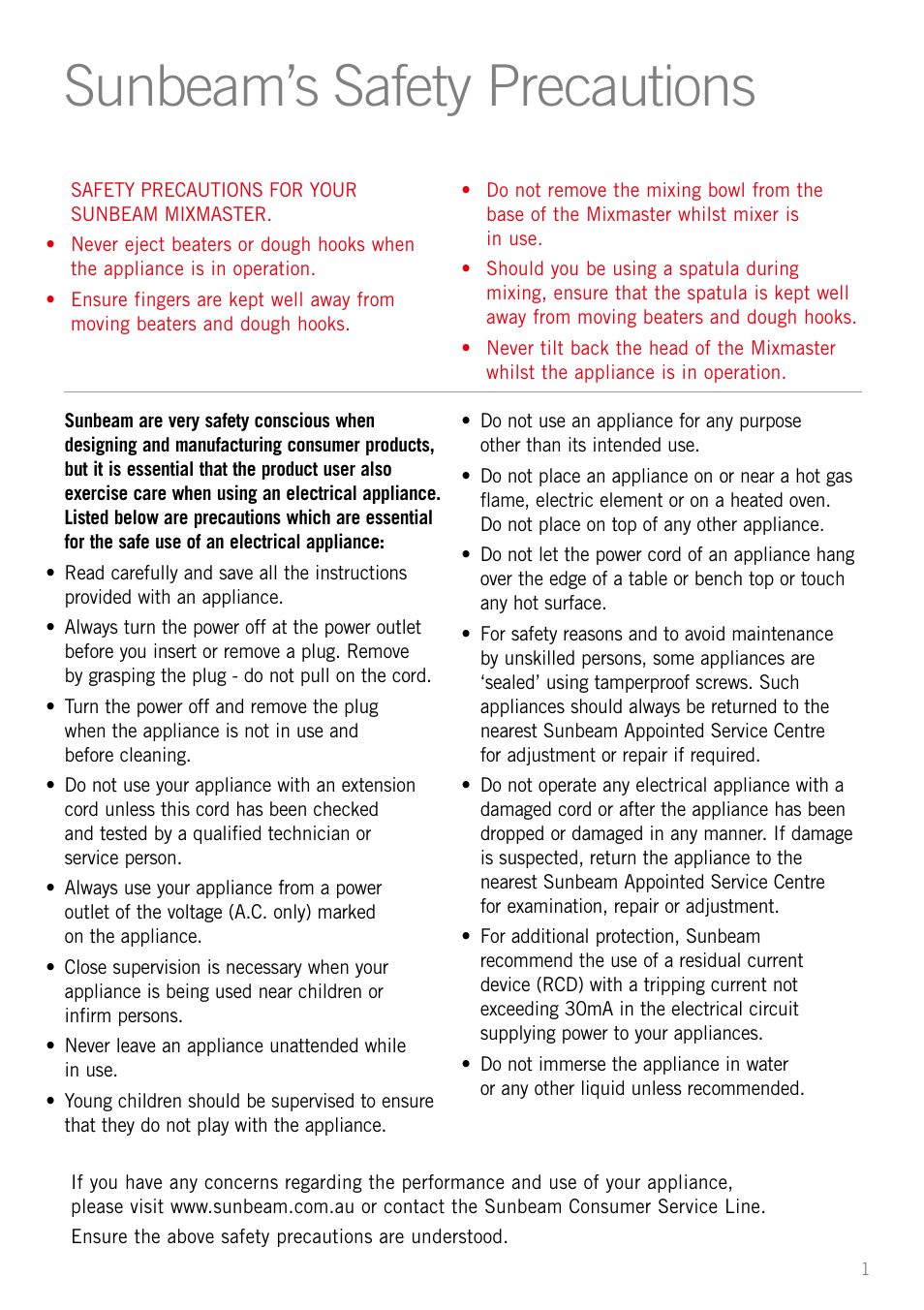 Sunbeam’s safety precautions | Sunbeam MX001 User Manual | Page 3 / 40