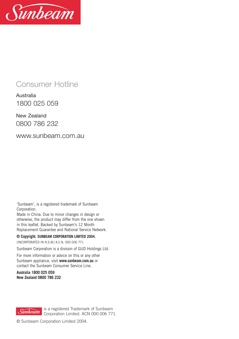Consumer hotline | Sunbeam DF6300 User Manual | Page 24 / 24