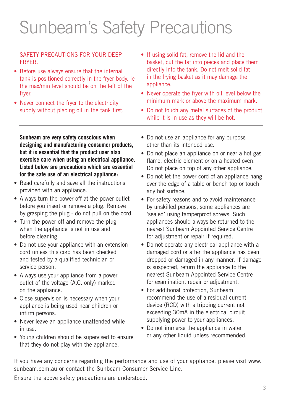 Sunbeam’s safety precautions | Sunbeam DF6300 User Manual | Page 3 / 24