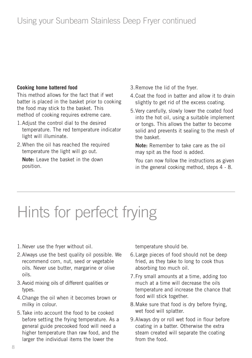 Hints for perfect frying, Using your sunbeam stainless deep fryer continued | Sunbeam DF6300 User Manual | Page 8 / 24
