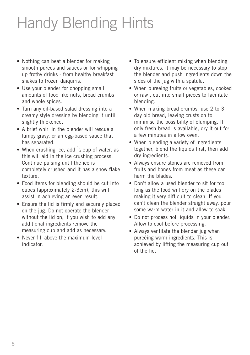 Handy blending hints | Sunbeam PB4200 User Manual | Page 10 / 25