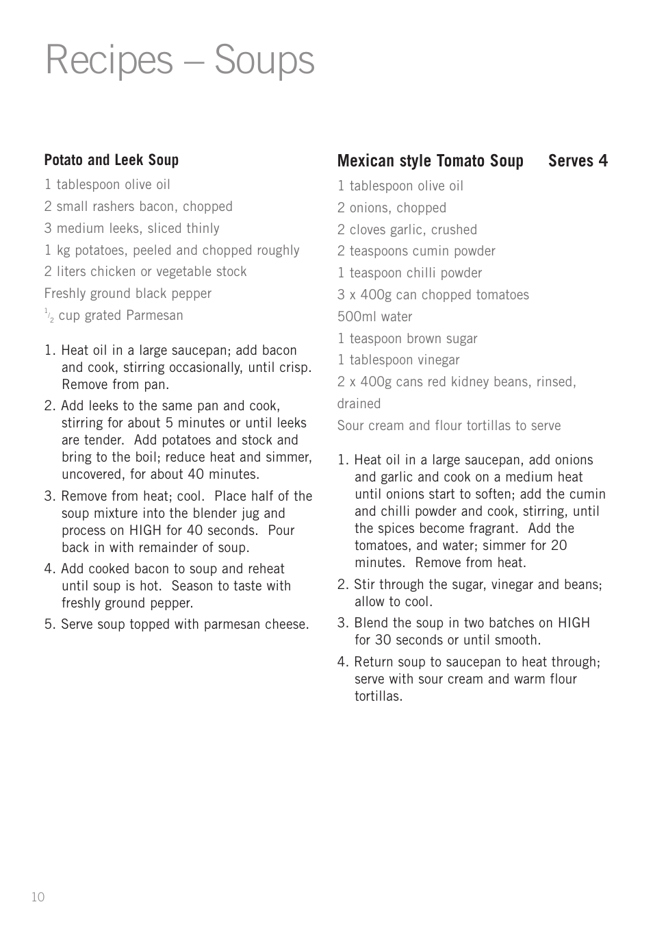 Recipes – soups, Mexican style tomato soup serves 4 | Sunbeam PB4200 User Manual | Page 12 / 25