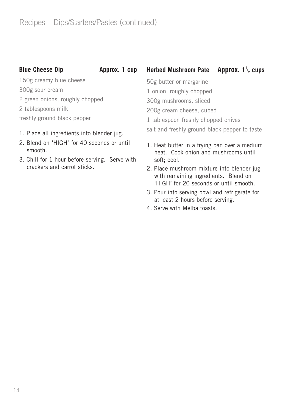 Recipes – dips/starters/pastes (continued), Approx | Sunbeam PB4200 User Manual | Page 16 / 25