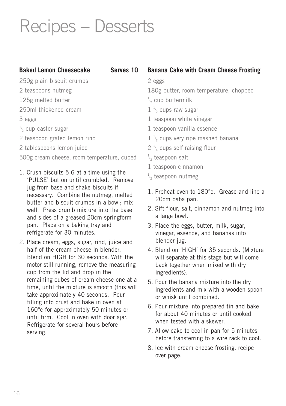 Recipes – desserts, Baked lemon cheesecake serves 10, Banana cake with cream cheese frosting | Sunbeam PB4200 User Manual | Page 18 / 25