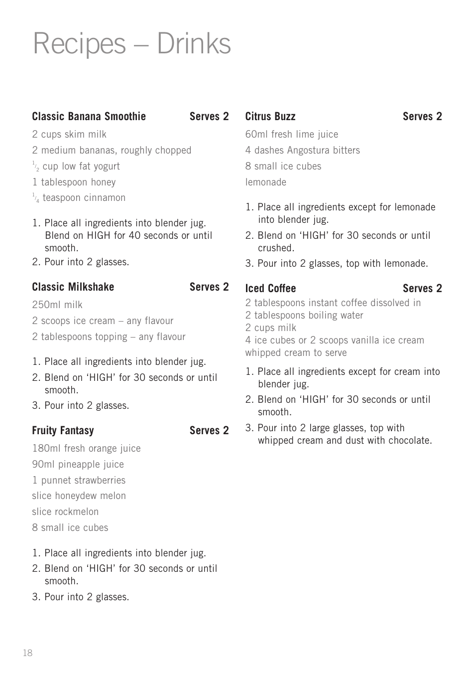 Recipes – drinks | Sunbeam PB4200 User Manual | Page 20 / 25