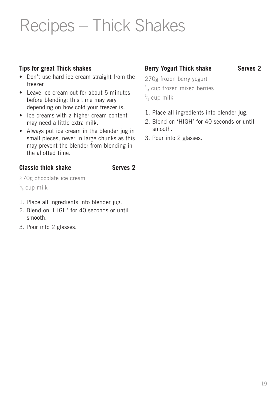 Recipes – thick shakes | Sunbeam PB4200 User Manual | Page 21 / 25