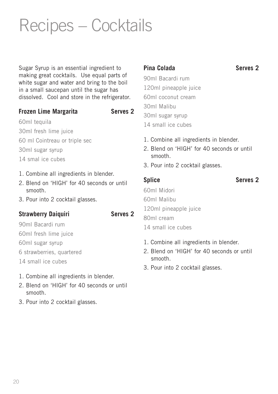 Recipes – cocktails | Sunbeam PB4200 User Manual | Page 22 / 25