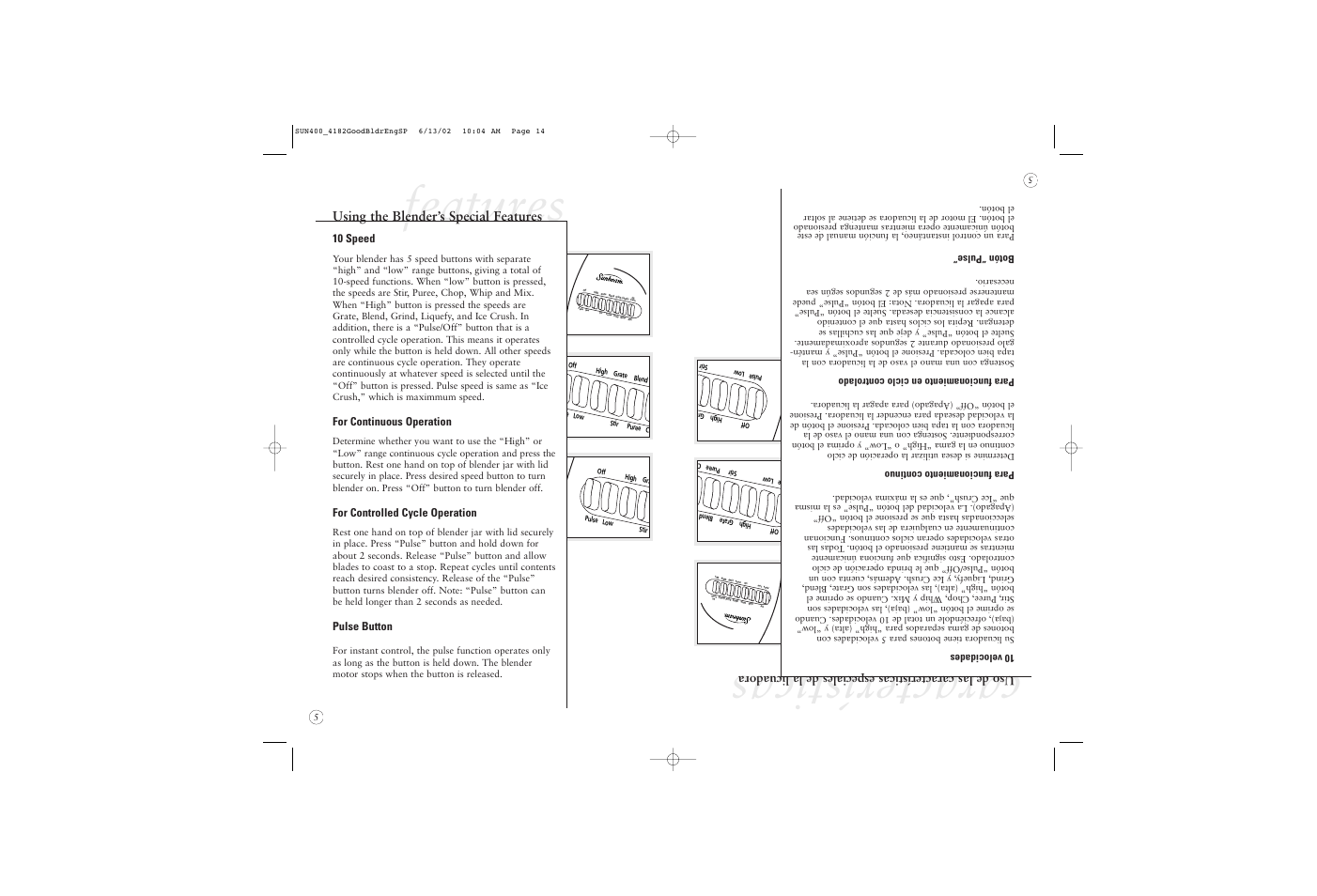 Características, Features, Using the blender’s special features | Sunbeam 4182 User Manual | Page 10 / 28