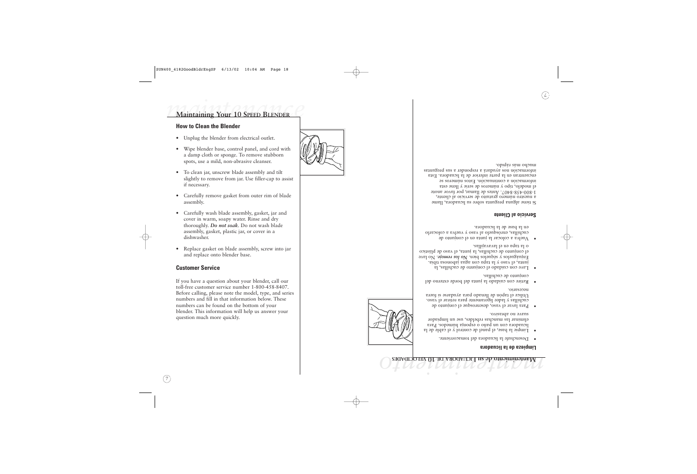 Mantenimiento, Maintenance | Sunbeam 4182 User Manual | Page 12 / 28