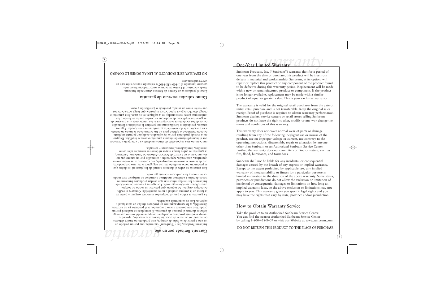 Garantía, Warranty | Sunbeam 4182 User Manual | Page 13 / 28
