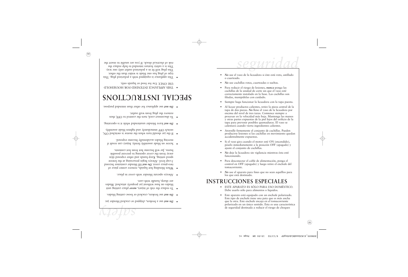 Seguridad, Safety, Special instructions | Instrucciones especiales | Sunbeam 4182 User Manual | Page 17 / 28