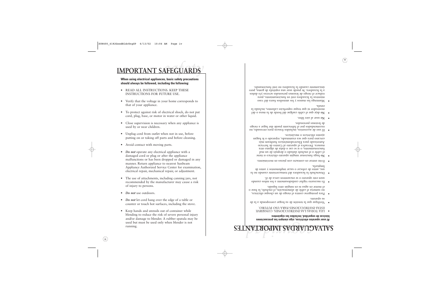 Seguridad, Safety, Sal vaguardas impor tantes | Important safeguards | Sunbeam 4182 User Manual | Page 2 / 28