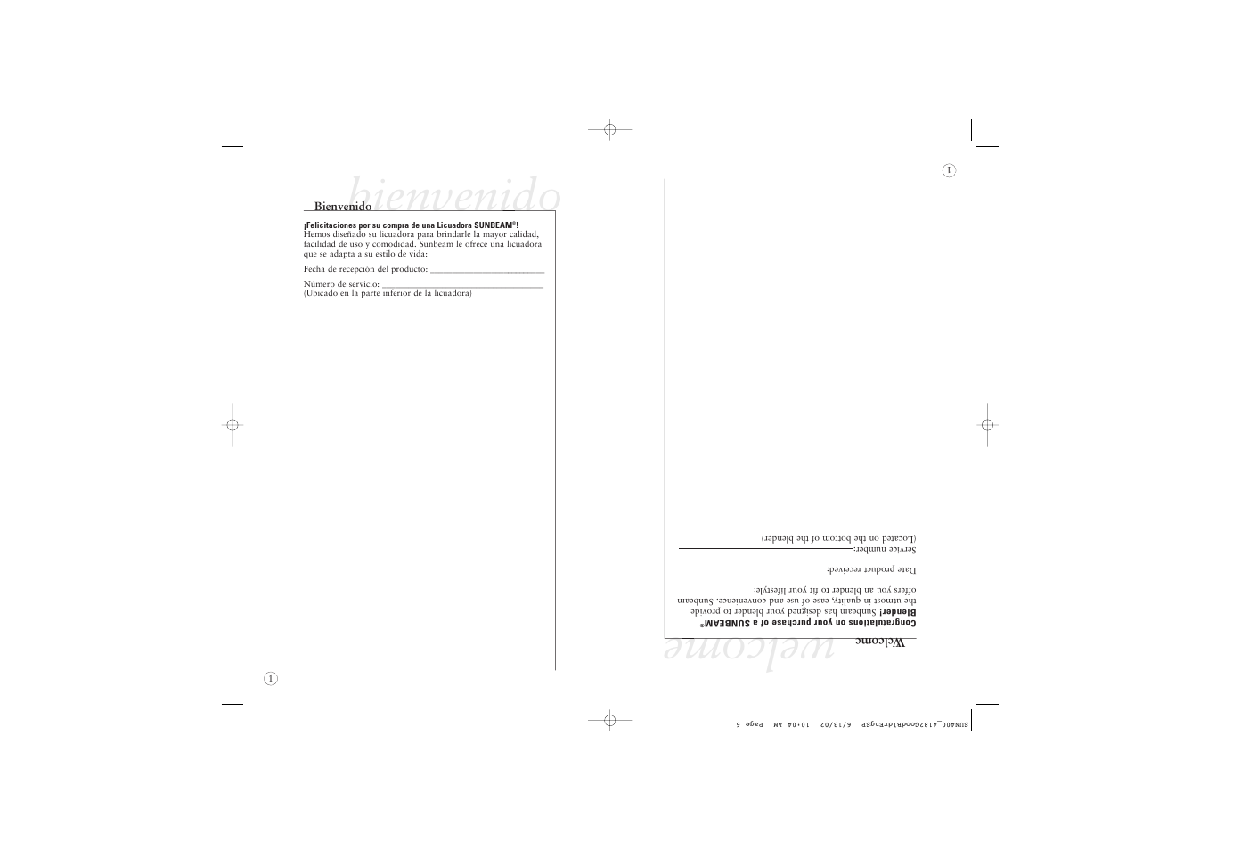 Bienvenido, Welcome | Sunbeam 4182 User Manual | Page 20 / 28