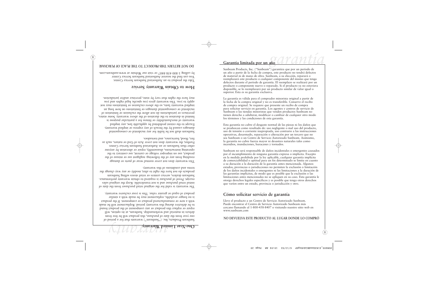 Garantía, Warranty | Sunbeam 4182 User Manual | Page 27 / 28