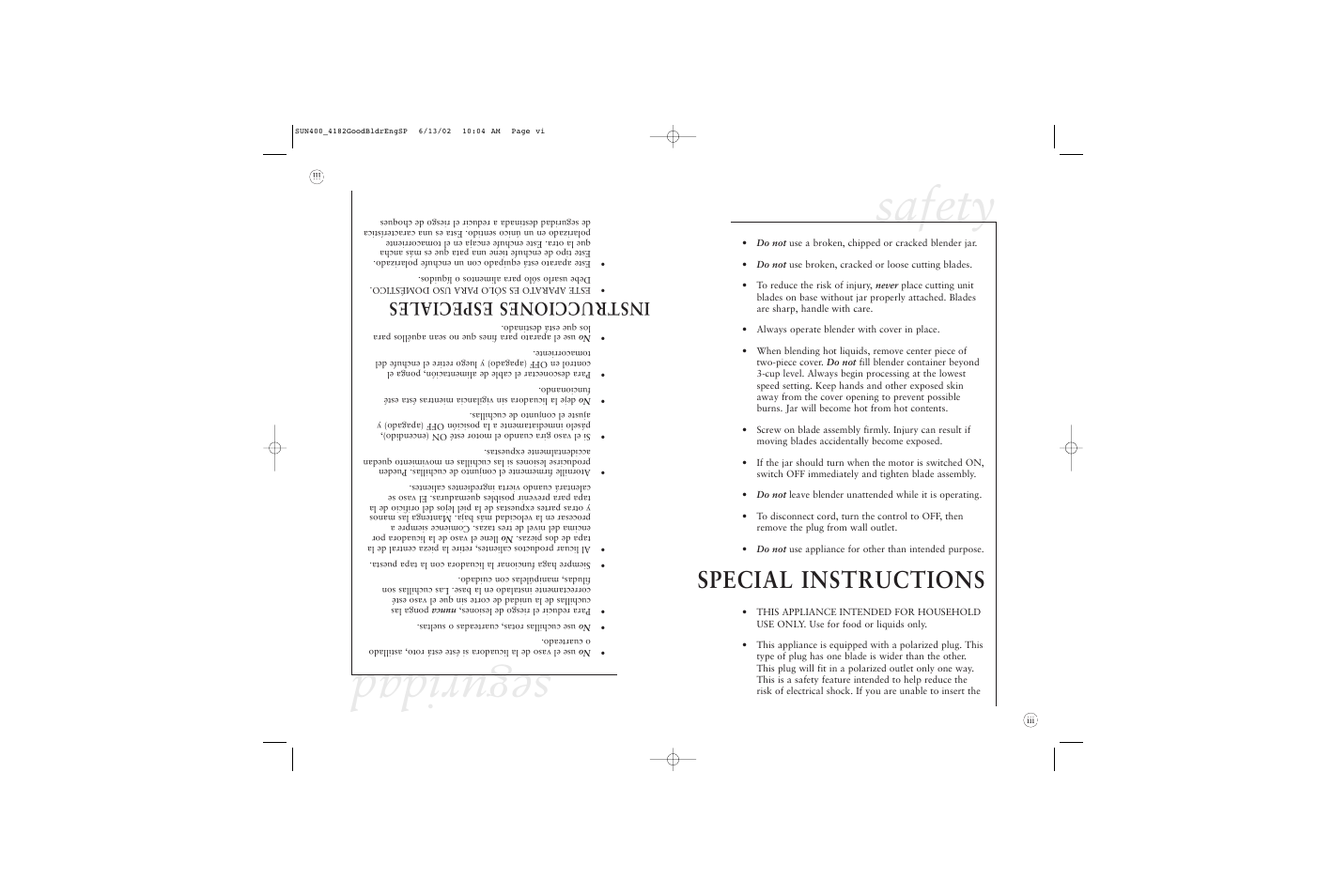 Seguridad, Safety, Special instructions | Instrucciones especiales | Sunbeam 4182 User Manual | Page 3 / 28