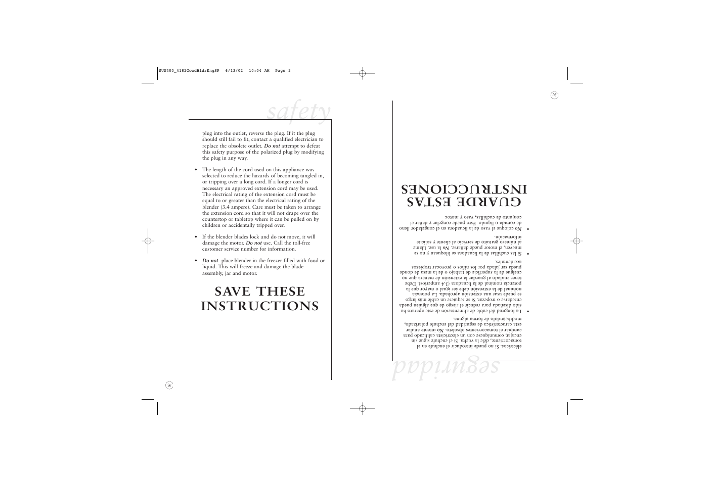 Seguridad, Safety, Guarde estas instrucciones | Save these instructions | Sunbeam 4182 User Manual | Page 4 / 28
