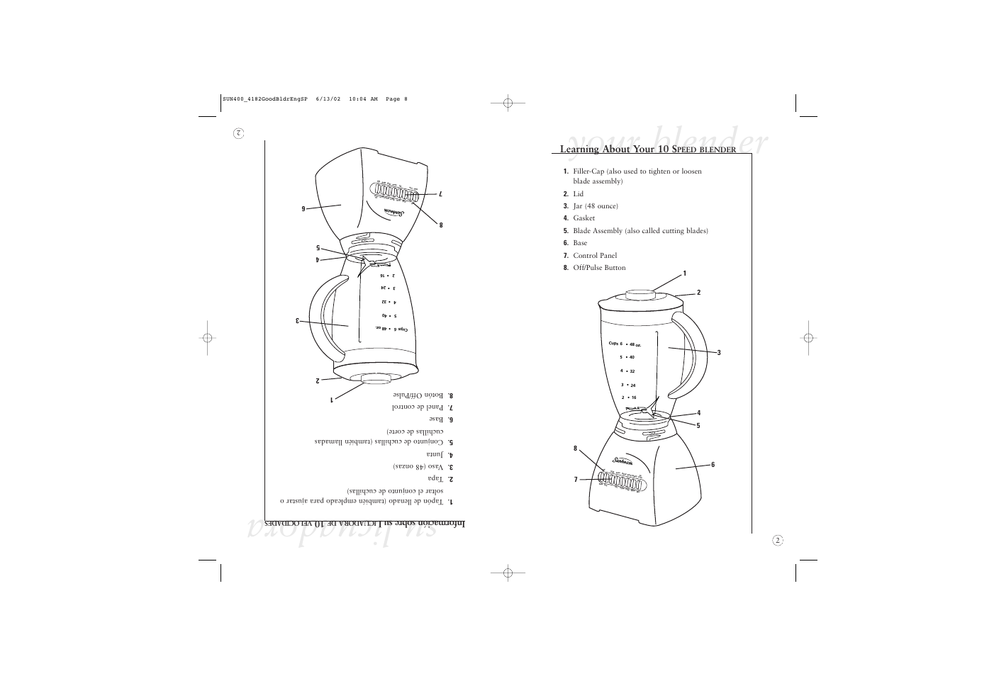 Su licuadora, Your blender, Información sobre su l | Learning about your 10 s | Sunbeam 4182 User Manual | Page 7 / 28