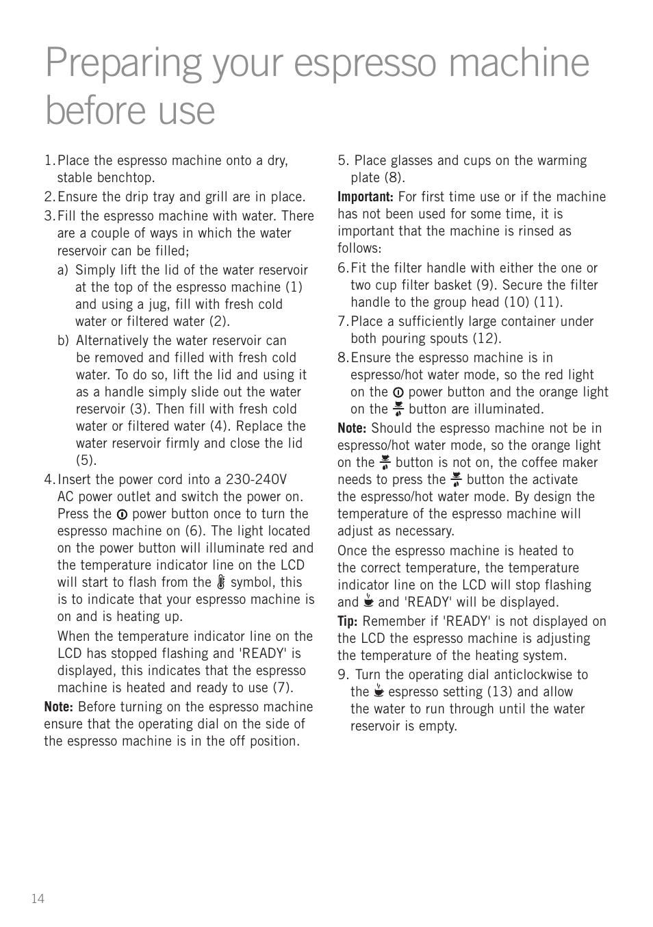 Preparing your espresso machine before use, Preparing your espresso machine before use 14, Heading preparing your espresso machine before use | Sunbeam EM5600 User Manual | Page 16 / 32