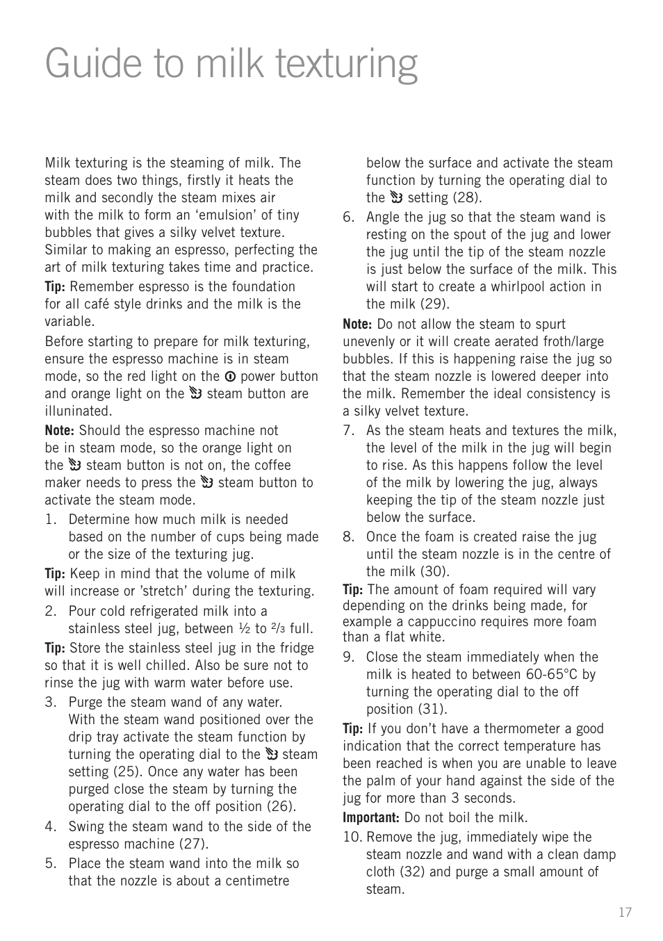 Guide to milk texturing, Heading | Sunbeam EM5600 User Manual | Page 19 / 32