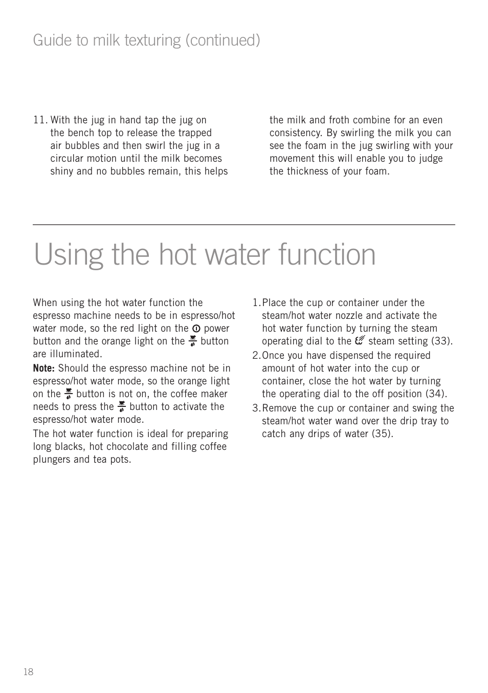Using the hot water function, Heading, Guide to milk texturing (continued) | Sunbeam EM5600 User Manual | Page 20 / 32