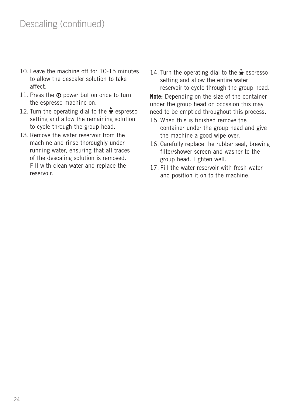 Heading, Descaling (continued) | Sunbeam EM5600 User Manual | Page 26 / 32