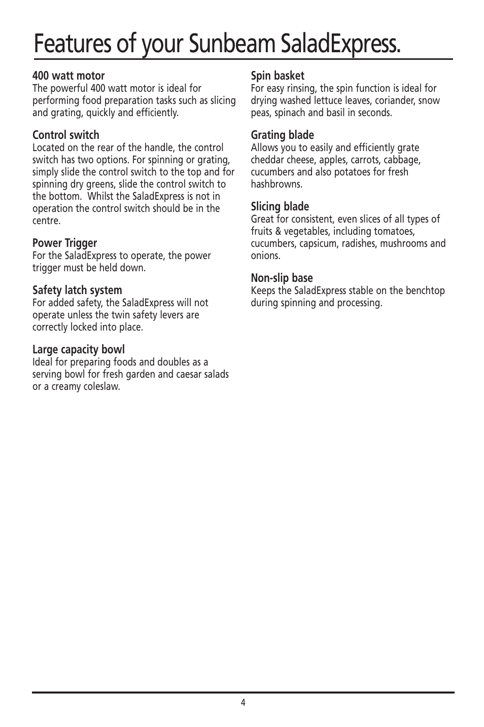 Features of your sunbeam saladexpress | Sunbeam Food Slicer User Manual | Page 4 / 10