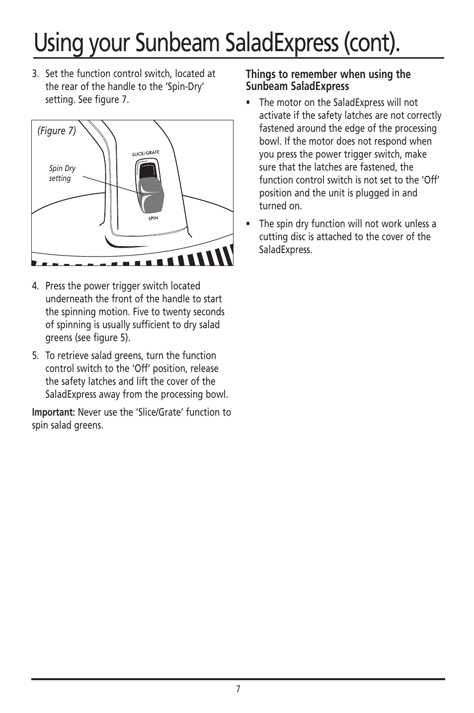 Using your sunbeam saladexpress (cont) | Sunbeam Food Slicer User Manual | Page 7 / 10