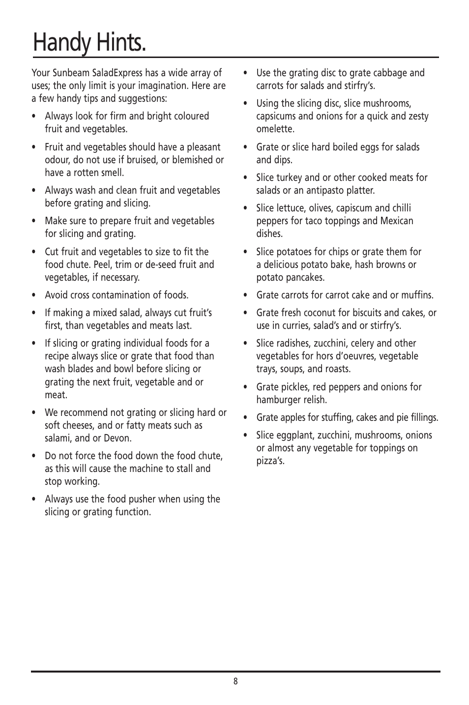 Handy hints | Sunbeam Food Slicer User Manual | Page 8 / 10
