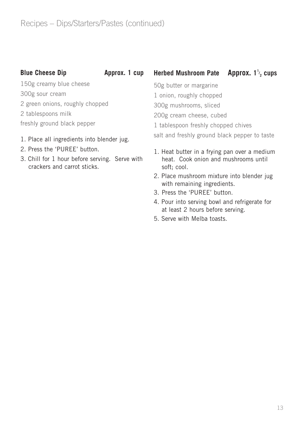 Recipes – dips/starters/pastes (continued), Approx | Sunbeam PB7900 User Manual | Page 15 / 27