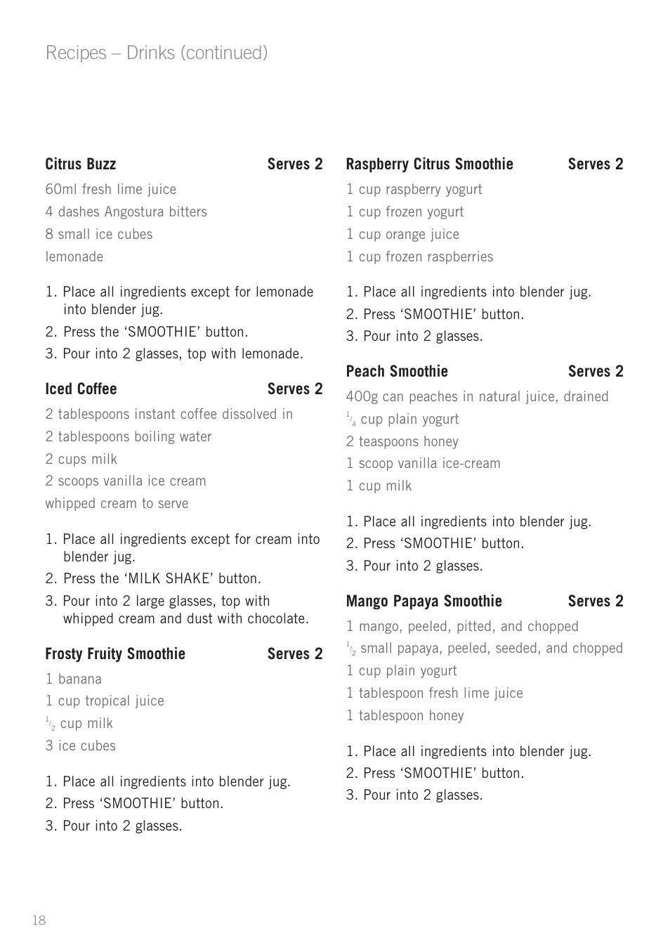 Recipes – drinks (continued) | Sunbeam PB7900 User Manual | Page 20 / 27