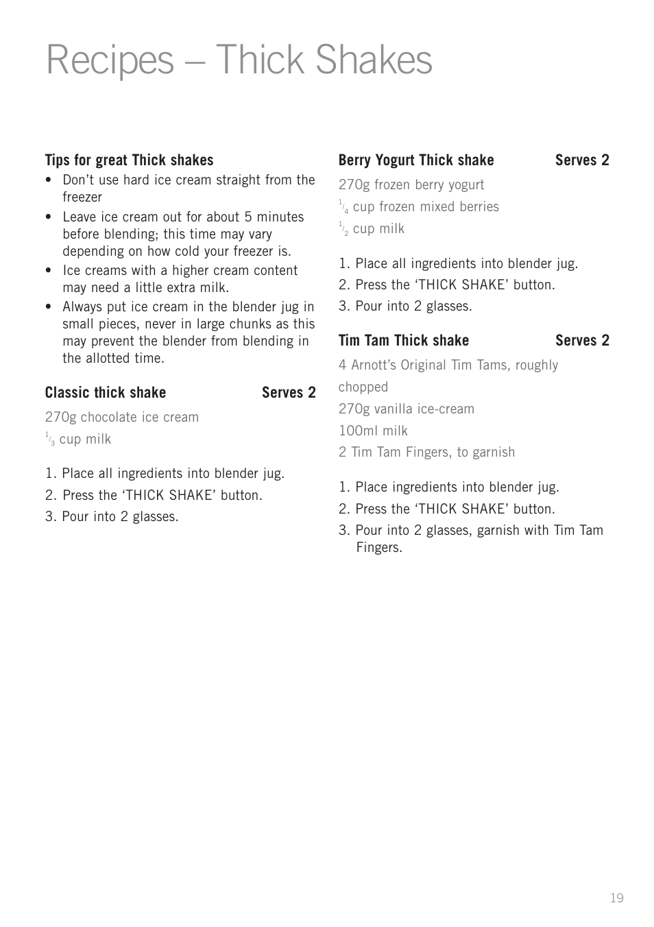 Recipes – thick shakes | Sunbeam PB7900 User Manual | Page 21 / 27