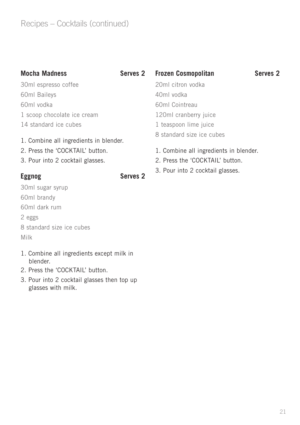 Recipes – cocktails (continued) | Sunbeam PB7900 User Manual | Page 23 / 27