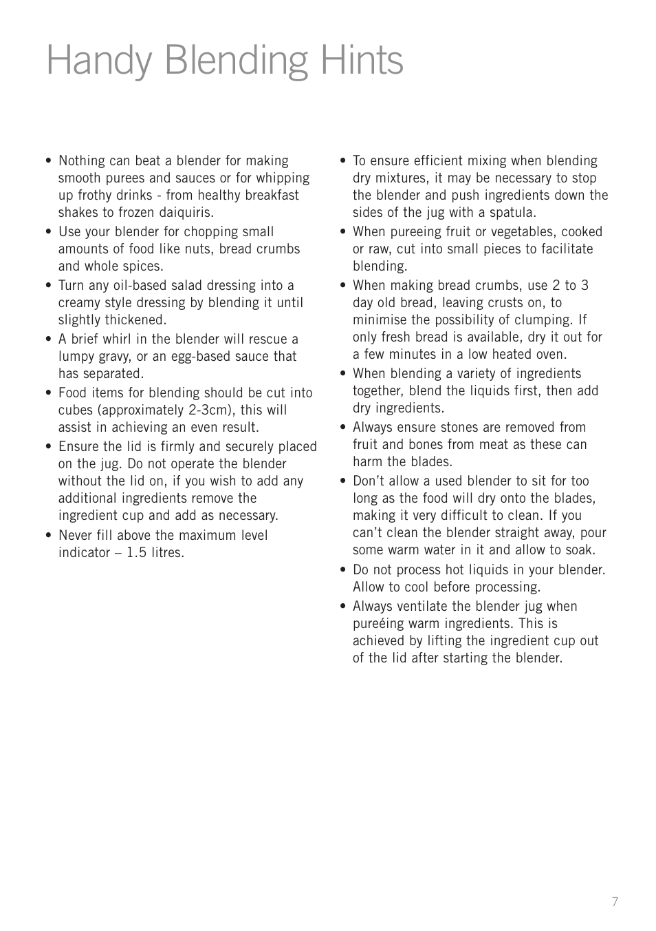 Handy blending hints | Sunbeam PB7900 User Manual | Page 9 / 27